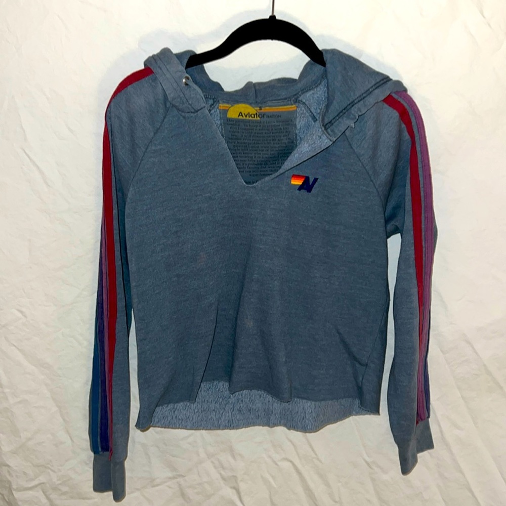 Aviator Nation pull over gray sweatshirt with stripes. Size Small